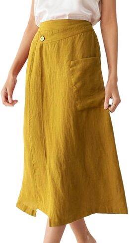 IDEALSANXUN Linen Skirts for Women 2024 Summer Casual Cotton A Line Elastic High Waisted Midi Skirts with Pockets in Saudi Arabia