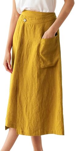 IDEALSANXUN Linen Skirts for Women 2024 Summer Casual Cotton A Line Elastic High Waisted Midi Skirts with Pockets in Saudi Arabia