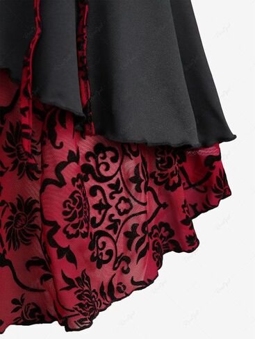بلوزة نسائية من ROSE GAL مقاس كبير بحاشية من زهور التوليب المتدفقة ذات طبقات وكشكشة وأربطة على شكل قلب مكشكش وأبازيم على الطراز القوطي in Saudi Arabia