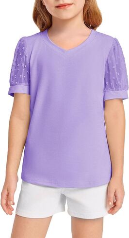 Haloumoning Girls T Shirts Kids Summer Swiss Dots Texture Sheer Puff Sleeves V Neck Blouse Tee Tops 5-14 Years in Saudi Arabia
