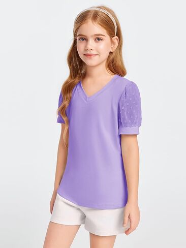 Haloumoning Girls T Shirts Kids Summer Swiss Dots Texture Sheer Puff Sleeves V Neck Blouse Tee Tops 5-14 Years in Saudi Arabia