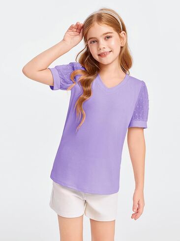 Haloumoning Girls T Shirts Kids Summer Swiss Dots Texture Sheer Puff Sleeves V Neck Blouse Tee Tops 5-14 Years in Saudi Arabia