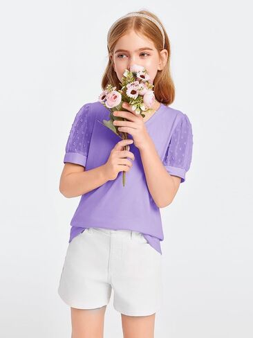 Haloumoning Girls T Shirts Kids Summer Swiss Dots Texture Sheer Puff Sleeves V Neck Blouse Tee Tops 5-14 Years in Saudi Arabia
