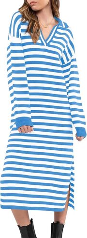 Yousify Sweater Dress for Women Long Sleeve Striped Color Block V Neck Casual Fall Dresses XS-XL in Saudi Arabia
