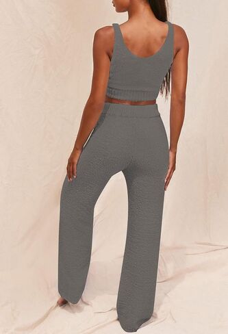 Women's Fuzzy 3 Piece Sweatsuit Open Front Cardigan Crop Tank Tops Wide Legs Pants Lounge Sets in Saudi Arabia