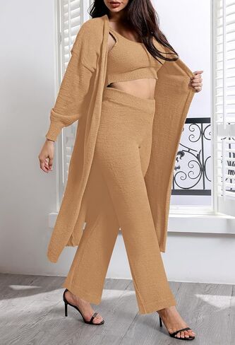 Women's Fuzzy 3 Piece Sweatsuit Open Front Cardigan Crop Tank Tops Wide Legs Pants Lounge Sets in Kuwait