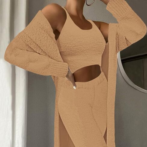 Women's Fuzzy 3 Piece Sweatsuit Open Front Cardigan Crop Tank Tops Wide Legs Pants Lounge Sets in Kuwait