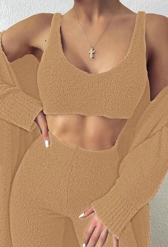 Women's Fuzzy 3 Piece Sweatsuit Open Front Cardigan Crop Tank Tops Wide Legs Pants Lounge Sets in Kuwait