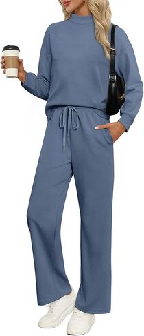 WIHOLL Two Piece Sets for Women Fall Outfits Lounge Sets Mock Neck Tops Wide Leg Pants Vacation Travel Airport Outfits in Saudi Arabia