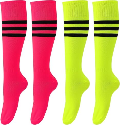 2 Pairs Neon Knee High Socks Colorful Crew Socks Neon Green Pink Socks Colored Roller Skate Socks Striped Socks Over The Calf Tube Socks for Women Girls 80s 90s Neon Glow Party Socks in Saudi Arabia
