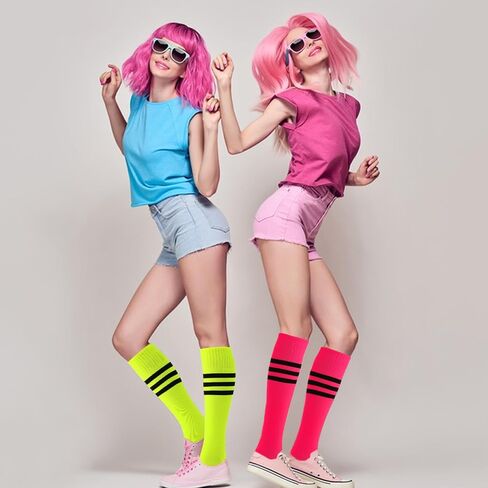 2 Pairs Neon Knee High Socks Colorful Crew Socks Neon Green Pink Socks Colored Roller Skate Socks Striped Socks Over The Calf Tube Socks for Women Girls 80s 90s Neon Glow Party Socks in Saudi Arabia
