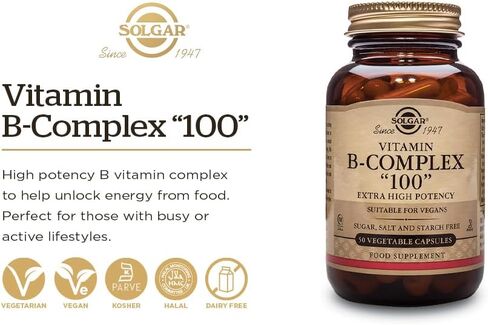 Solgar B-Complex "100" - 50 Vegetable Capsules - Energy Metabolism, Cardiovascular Health, Nervous System Support - Non-GMO, Vegan, Gluten Free - 50 Servings in Kuwait
