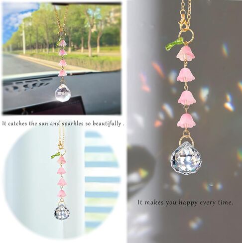 إكسسوارات مرآة السيارة من Sun Catcher، زجاج معلق زنبق الوادي، مرآة الرؤية الخلفية، ديكور مرآة السيارة اللطيفة للنساء، زينة كريستالية للسيارة على شكل زهرة (وردي) in Saudi Arabia