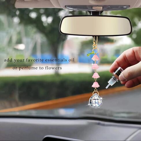 إكسسوارات مرآة السيارة من Sun Catcher، زجاج معلق زنبق الوادي، مرآة الرؤية الخلفية، ديكور مرآة السيارة اللطيفة للنساء، زينة كريستالية للسيارة على شكل زهرة (وردي) in Saudi Arabia