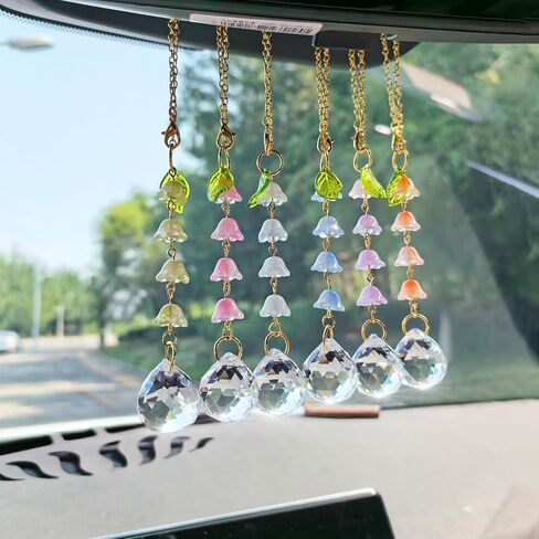 إكسسوارات مرآة السيارة من Sun Catcher، زجاج معلق زنبق الوادي، مرآة الرؤية الخلفية، ديكور مرآة السيارة اللطيفة للنساء، زينة كريستالية للسيارة على شكل زهرة (وردي) in Saudi Arabia