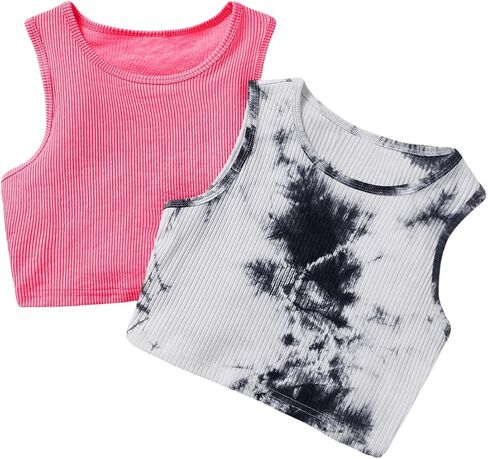 Milumia Girl's 2 Piece Tie Dye Ribbed Knit Round Neck Tank Top Sleeveless Summer Crop Tops in Saudi Arabia