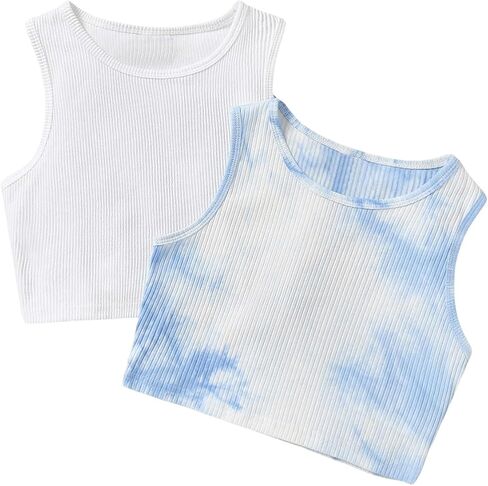 Milumia Girl's 2 Piece Tie Dye Ribbed Knit Round Neck Tank Top Sleeveless Summer Crop Tops in Saudi Arabia