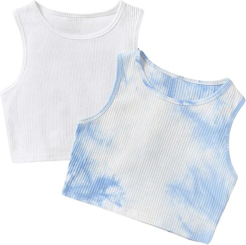 Milumia Girl's 2 Piece Tie Dye Ribbed Knit Round Neck Tank Top Sleeveless Summer Crop Tops in Saudi Arabia