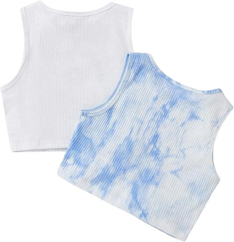 Milumia Girl's 2 Piece Tie Dye Ribbed Knit Round Neck Tank Top Sleeveless Summer Crop Tops in Saudi Arabia