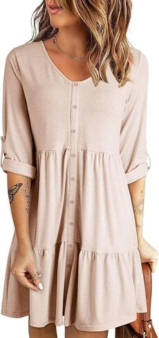 Dokotoo Dresses for Women 2024 Long Sleeve V Neck Knitted Button Down Elastic Waist Ruffle Tiered Mini Dress with Pockets in Saudi Arabia