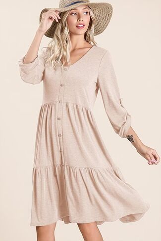 Dokotoo Dresses for Women 2024 Long Sleeve V Neck Knitted Button Down Elastic Waist Ruffle Tiered Mini Dress with Pockets in Saudi Arabia
