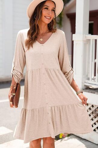 Dokotoo Dresses for Women 2024 Long Sleeve V Neck Knitted Button Down Elastic Waist Ruffle Tiered Mini Dress with Pockets in Saudi Arabia