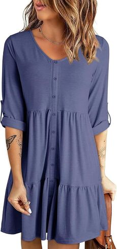 Dokotoo Dresses for Women 2024 Long Sleeve V Neck Knitted Button Down Elastic Waist Ruffle Tiered Mini Dress with Pockets in Saudi Arabia