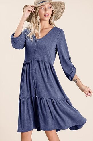 Dokotoo Dresses for Women 2024 Long Sleeve V Neck Knitted Button Down Elastic Waist Ruffle Tiered Mini Dress with Pockets in Saudi Arabia