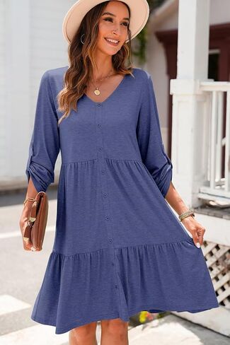 Dokotoo Dresses for Women 2024 Long Sleeve V Neck Knitted Button Down Elastic Waist Ruffle Tiered Mini Dress with Pockets in Saudi Arabia