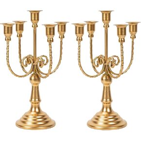 2Pcs Gold Candelabras Centerpieces for Tables, 11.8" Candlestick Holder for Taper Candles, 5 Arm Brass Candelabra Candle Holder for Wedding Centerpiece Decor Party Event Reception Decoration