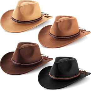4 Pcs Women Men Felt Western Cowboy Hats Wide Brim Cowgirl Hats Panama Hat for Adults Costume Outdoor