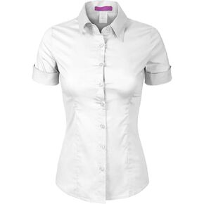 Design by Olivia Women's Short Sleeve Stretch Button Down Collar Office Formal Work Blouse Shirts