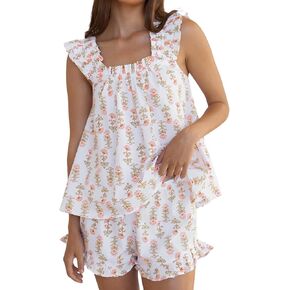 Arssm Womens Floral Pajama Set 2 Piece Loungewear Ruffle Hem Tank Top Vest Shorts Pjs Set Sleeveless Cami Loung Set