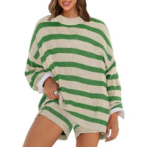 Womens Striped Sweater Set Oversized 2 Piece Lounge Outfits Knit Long Sleeve Top and Shorts Matching Pajamas Sets