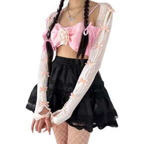 AIBEARTY Women Girls Mesh Lace Bow Shrug Cute Y2K Aesthetic Arm Sleeves Cardigan Lolita Sunscreen Fingerless Long Gloves