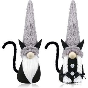 زخارف قطة قطة سوداء للهالوين - قطعتان من ديكورات السيد والسيدة المصنوعة يدويًا من القط السويدي Tomte Cat Gnom لموقد الموقد - عيد الهالوين منزل مسكون منزل مزرعة هدية منزلية ديكور صينية متدرجة in Kuwait