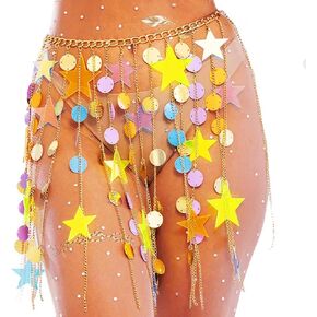 Sequin Chain Skirt Gold Tassel Waist Chain Sparkly Star Dance Skirt Festival Rave Mini Skirt Women