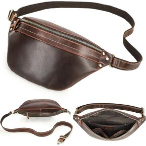 Top Grain Genuine Leather Slim Fanny Pack for Man & Woman, Minimalist Vintage Design, Handmade with Detachable Hardware, Slim Waist Pack Large Crossbody Belt Bag for Traveling or Riding, Coffee