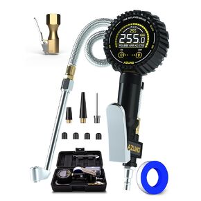 AZUNO Heavy Duty Digital Tire Pressure Gauge, Tire Inflator Gauge 255PSI Air Chuck Air Compressor Attachments, with Steel Braided Hose, Quick Connect Coupler&Carrying Case, for Truck/Car/SUV/RV/Bike