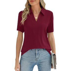 ZHENWEI Women's Short Sleeve V-Neck Polo Shirts Business Casual Work Collared Tops Dressy Johnny Collar Cute Blouses