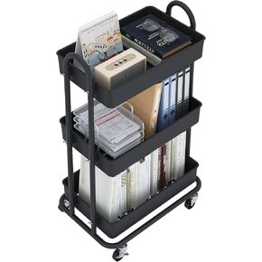 3-Tier Utility Cart with Wheels, Rolling Cart, Storage Shelves, Multi-Functional Organizer Cart for Bathroom, Office, Kitchen, Black