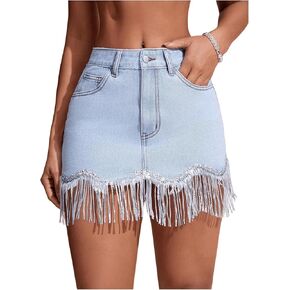 MakeMeChic Women's Bodycon Denim Mini Skirt Straight Hem Fringe Trim Low Waist Short Jean Skirts with Pocket in Saudi Arabia