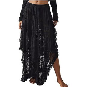 Women Floral Lace Long Skirt Asymmetrical Layered Summer Sheer Maxi Skirts Sexy See-Through Flowy Boho Beach Skirt