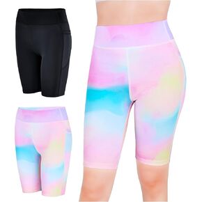 2pcs Girls Athletic Biker Shorts, Kids High Waisted Gymnastic Yoga Dance Running Cycling Shorts with Side Pockets