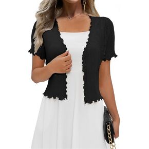 REDHOTYPE Women's Cardigan Summer Cropped Cardigans Lightweight Short Sleeve Crochet Bolero Shrugs Sweater for Women Black L