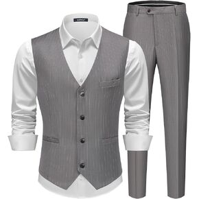 MAGE MALE Men's Pinstripe Suit 2 Piece Vest and Pants Set Wedding Groomsmen Summer Slim Fit Formal Prom Tuxedo