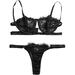 Lilosy Sexy Eyelash Underwire Floral Lace Sheer Lingerie Set Women See Through Linked Panty Bra 2 Piece