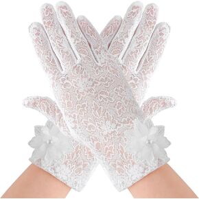 Floral Lace Gloves Women Short Elegant Wrist Length Gloves for Bridal Wedding Opera Prom Dinner Party (Black)