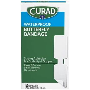 CURAD Butterfly Closure Waterproof Adhesive Bandages, 1-3/4" x 3/8", Ideal for Wound Care, Box of 12