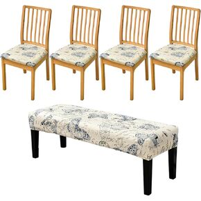 HAOYONG Waterproof Dining Room Chair Cover Set Jacquard Chair Slipcover Washable Parsons Chair Slipcover Removable Seat Protector for Dining Room Hotel Restaurant - 4 PCS Chair Cover+1 PC Bench Cover